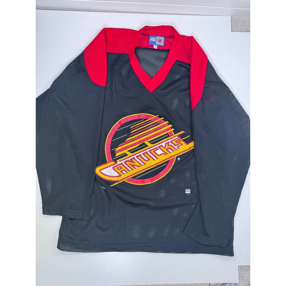 Vintage 90s Vancouver Canucks NHL Mesh Jersey Flying Skate Logo Signed O/S M L